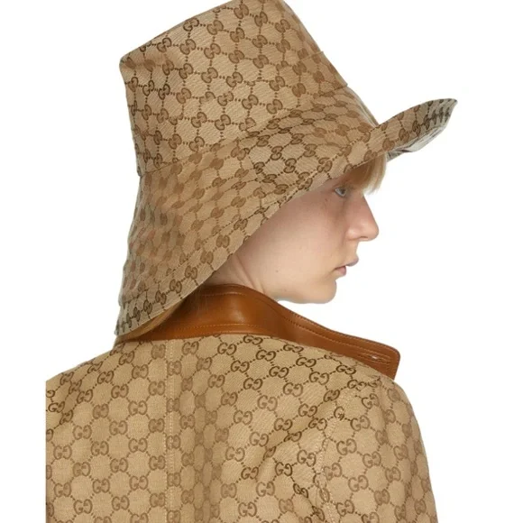 Gucci Bucket Hat GG Monogram Beige Wide Large Brim Jacquard Canvas Denim New - Picture 7 of 8